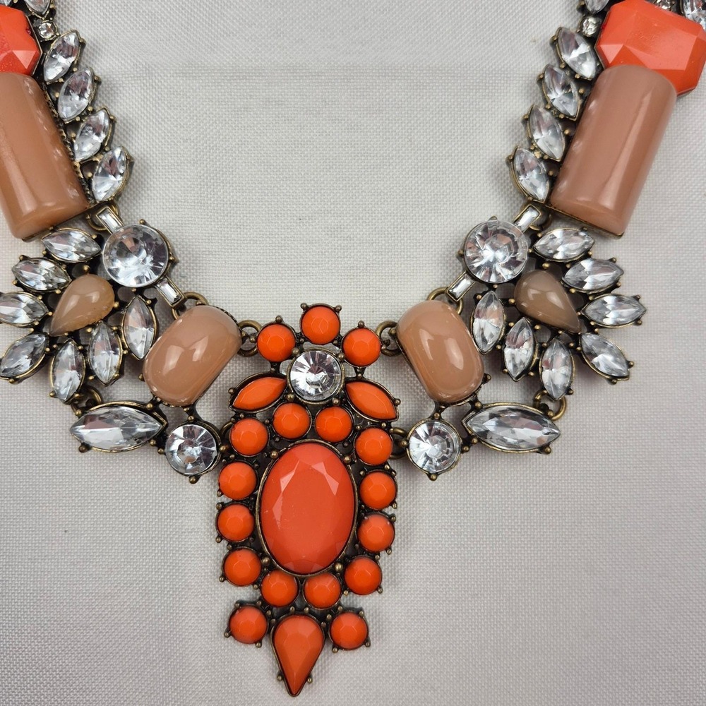 Statement‎ Bib Necklace Coral Peach Beaded Gold Tone Chunky Retro Glam Party 18" - Picture 5 of 9
